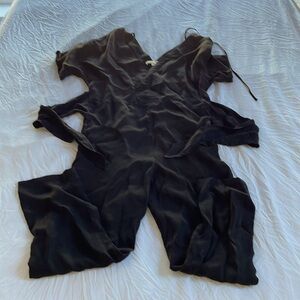 Black silk v neck tie back jumpsuit